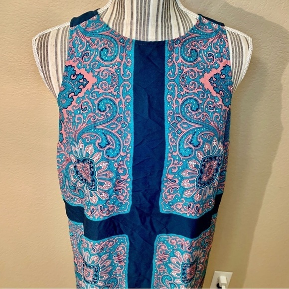 LOFT Sheath Dress Small Teal Pink Navy Sleeveless Lightweight Patterned Back Zip - Picture 2 of 14